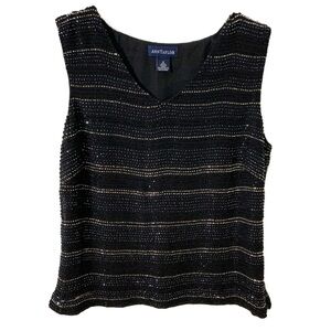 Ann Taylor Beaded Striped Fully Lined Sleeveless Formal Blouse Rounded V-neck